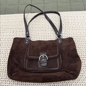 Elegant Brown Suede Shoulder Coach Bag